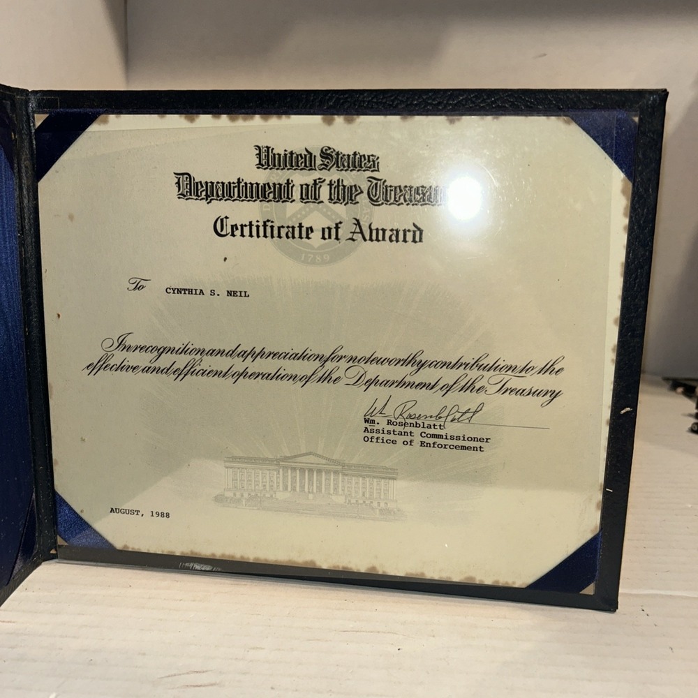 Department Of The Treasury Award Certificate William Rosenblatt 1988 In Binder